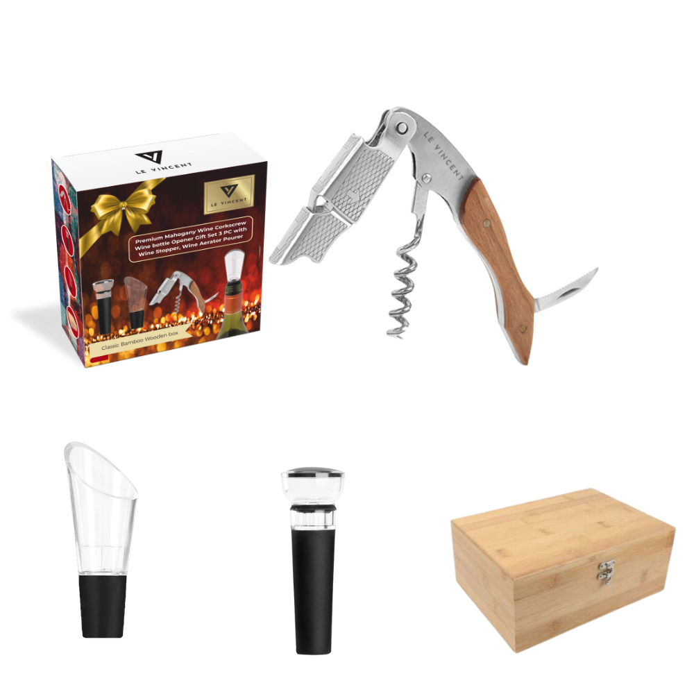 Le Vincent Premium Waiters Mahogany Corkscrew Gift Set 3 in 1 Stainless Steel Wine Opener with Rosewood Handle, Bottle Opener and Serrated Foil Cutter with Wooden Gift Box (Mahogany Wood)